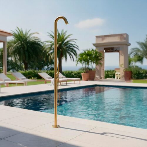 Douche de jardin acier inox 316L or satine mitigeur douchette 228 cm