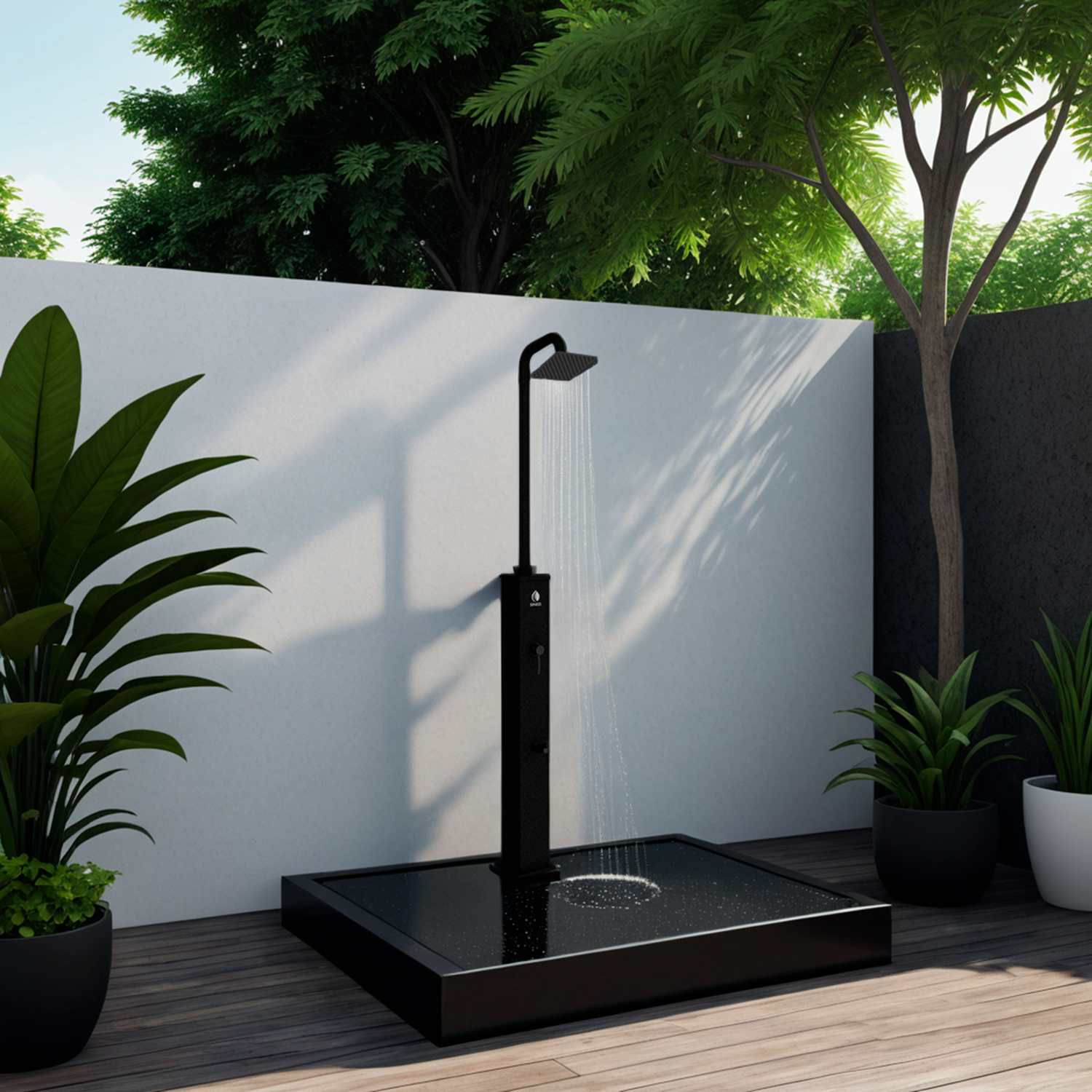 Douche solaire noire en aluminium 26 L pommeau 22 cm mitigeur lavepieds
