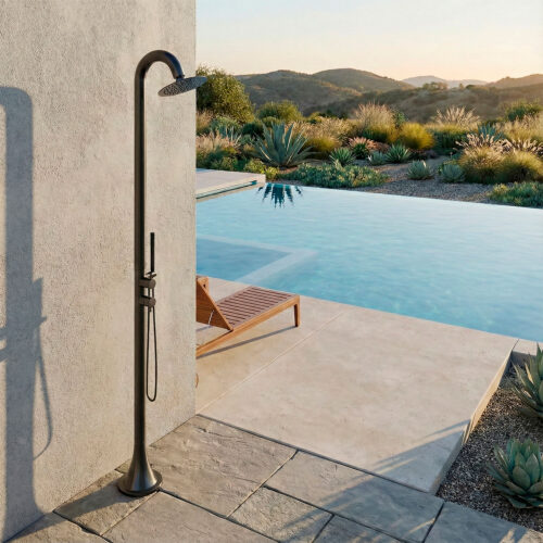 Douche exterieure en acier inox 316L couleur canna fucile deux entrees eau