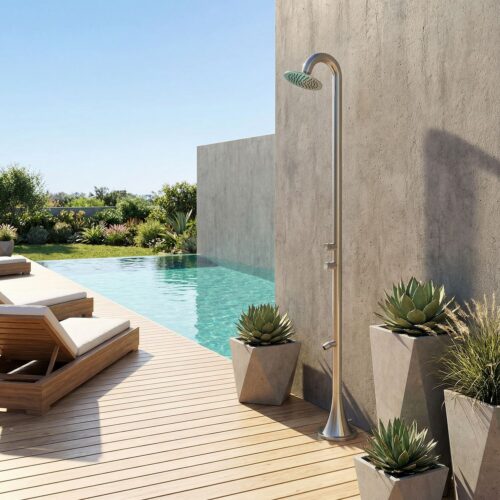 Douche inox 316L satinee a double bouton temporise pour exterieurs et jardins