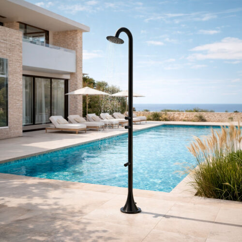 Douche exterieure temporisee noire en acier inox 316L eau froide jardinpiscine