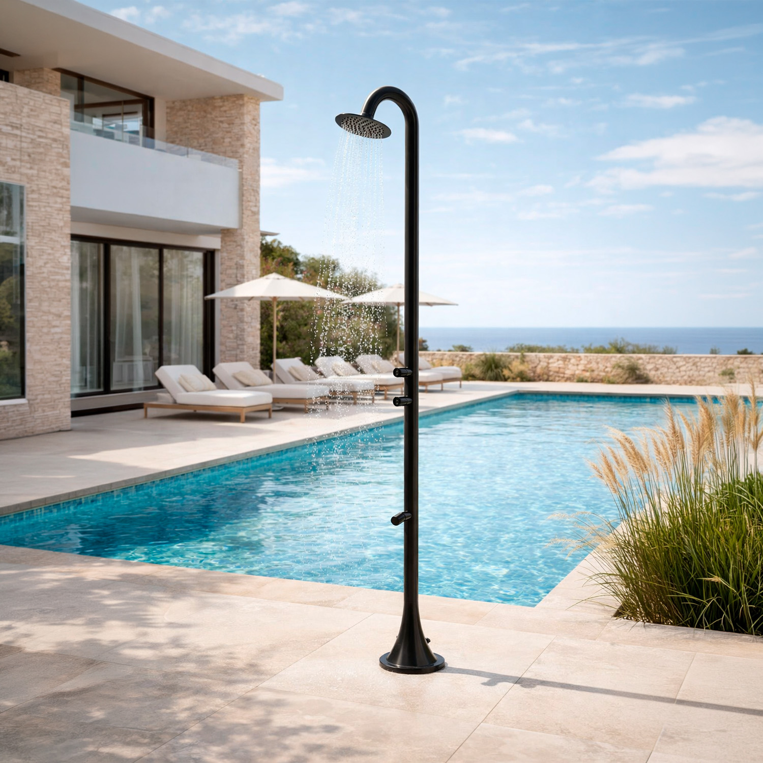 Douche exterieure temporisee noire en acier inox 316L eau froide jardinpiscine