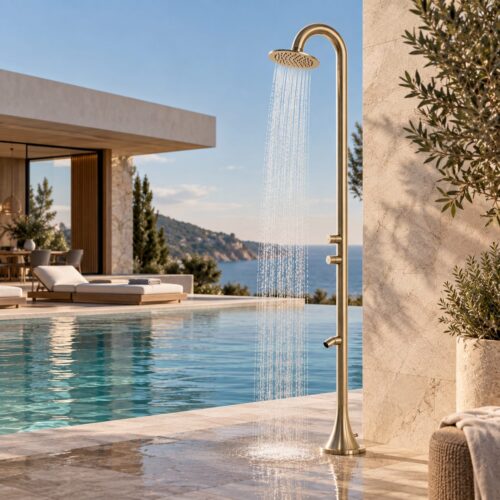 Douche exterieure temporisee or en acier inox 316L eau froide jardinpiscine