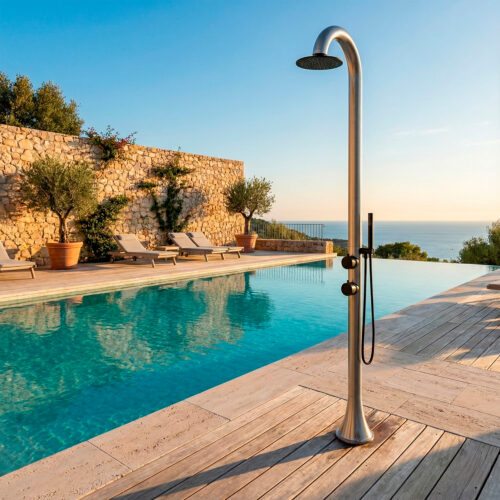 Douche exterieure acier inox 316L inox et noir avec flexible argente eau chaudefroide