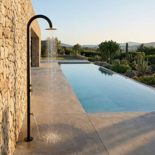Douche noire et or en acier inox AISI 316L pour piscine avec mitigeur et lavepieds