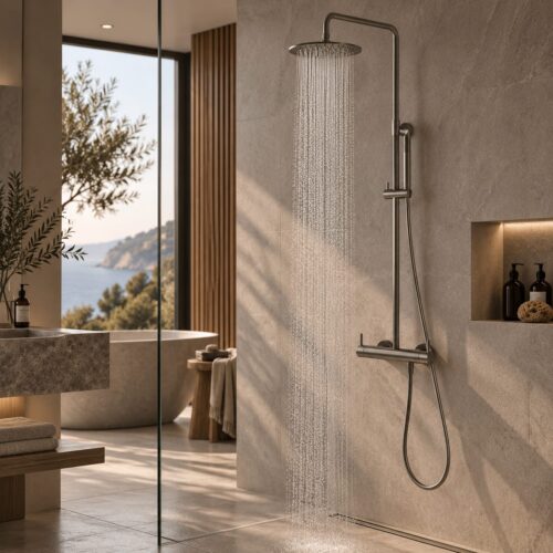 Douche murale inox 316L gris canon double mitigeur tête 25 cm douchette