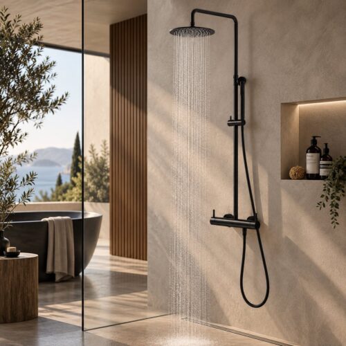 Douche murale noire inox 316L pommeau 25 cm douchette double mitigeur