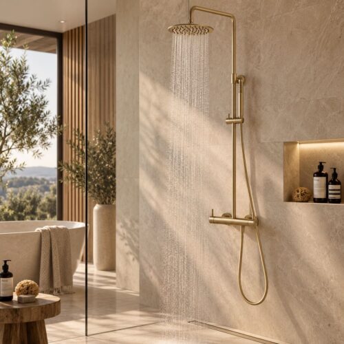 Douche murale en inox 316L dore PVD eau chaudefroide 2 mitigeurs