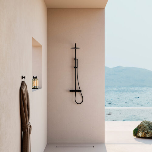 Paroi de douche murale noire en acier inox nautique 316L avec mitigeur thermostatique