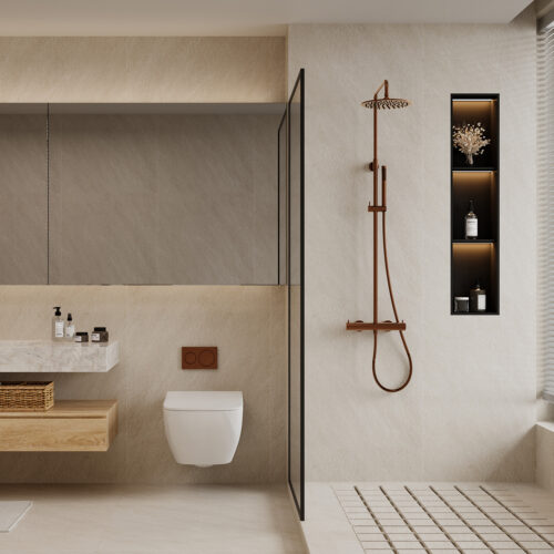 Douche murale en acier 316L or rose thermostat integree usage interieurexterieur