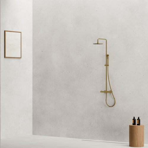 Douche murale acier inox 316L or avec mitigeur thermostatique pour interieur et exterieur