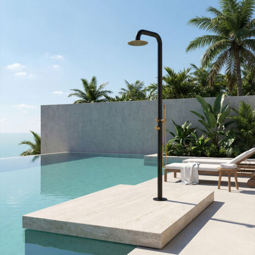 Douche jardin noire et or en acier inox AISI 316L avec mitigeur et douchette main