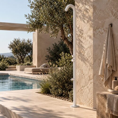 Douche exterieure blanc mat acier inox 316L mitigeur chaudfroid lavepieds