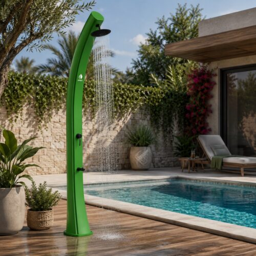 Douche solaire verte RAL 6018 en polyethylene HD 40 L pommeau Ø20 cm