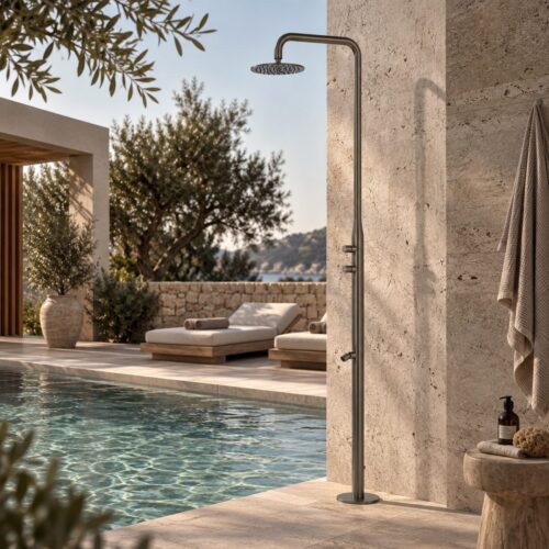 Douche exterieure acier inox AISI 316L finition canna di fucile ø 25 cm double temporisateur