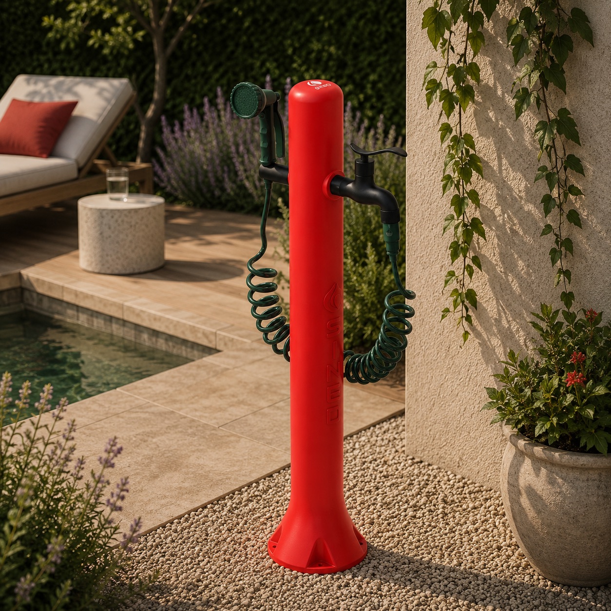 Fontaine de jardin rouge en polyethylene HD avec tuyau de 75 m et 8 jets