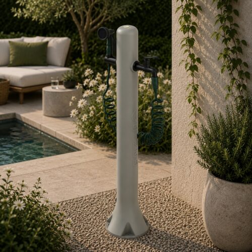 Fontaine de jardin en polyethylene HD taupe tuyau 75 m pistolet 8 jets