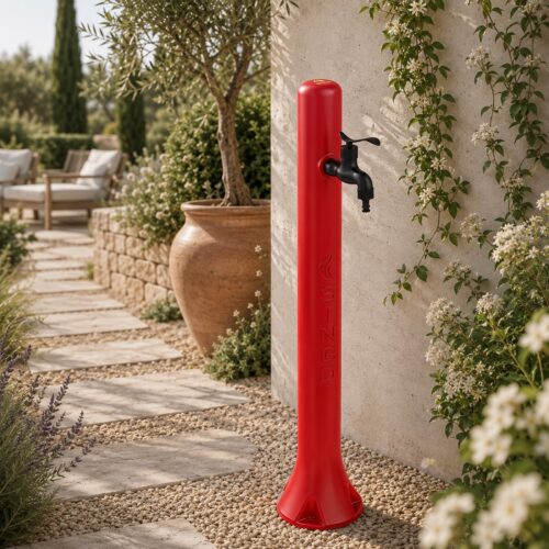 Fontaine de jardin rouge en polyethylene HD raccord lateral pour tuyau darrosage