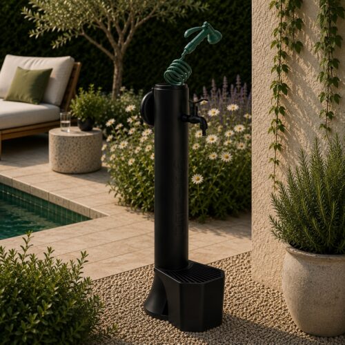 Fontaine noire de jardin en PEHD double raccord panier et tuyau de 75 m
