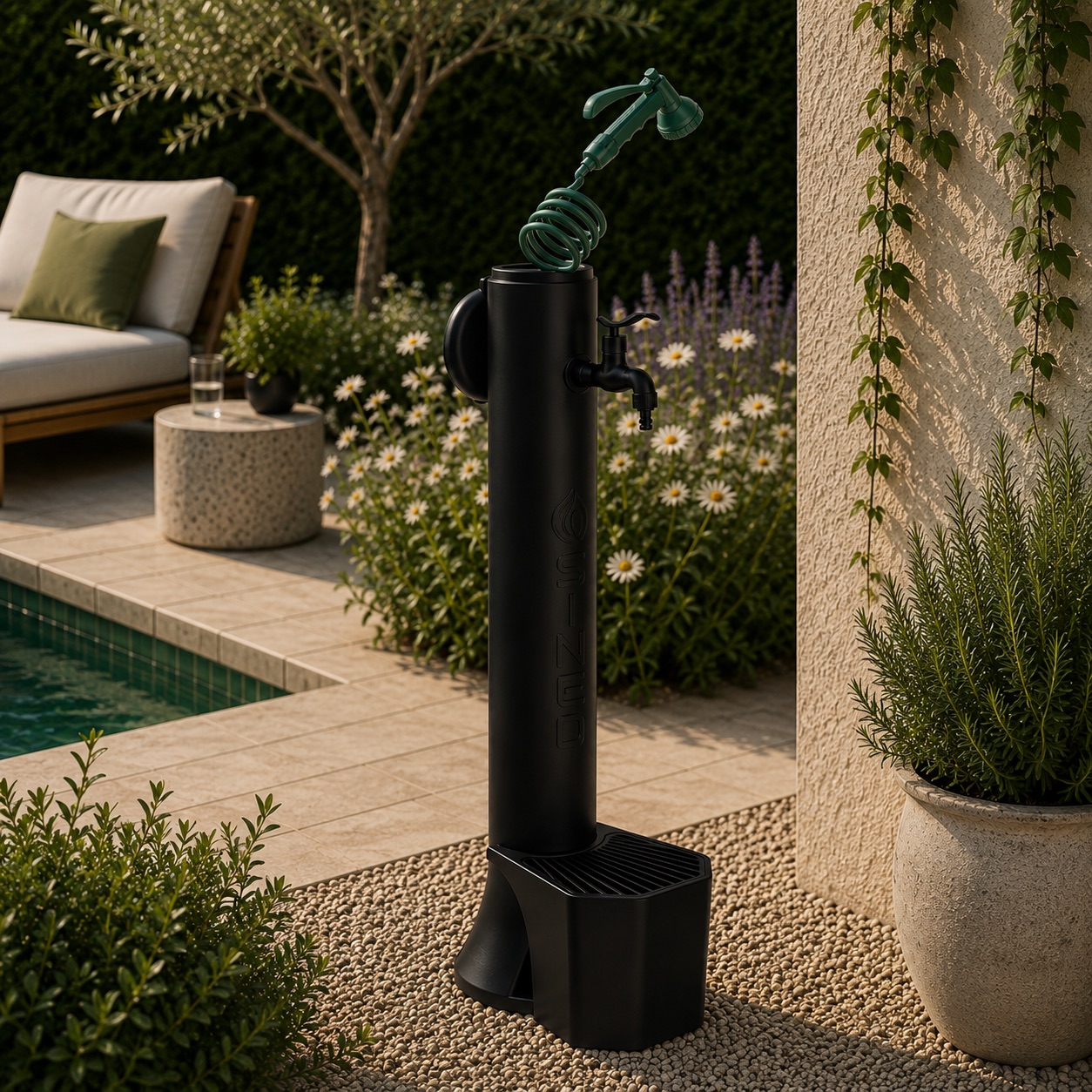 Fontaine noire de jardin en PEHD double raccord panier et tuyau de 75 m