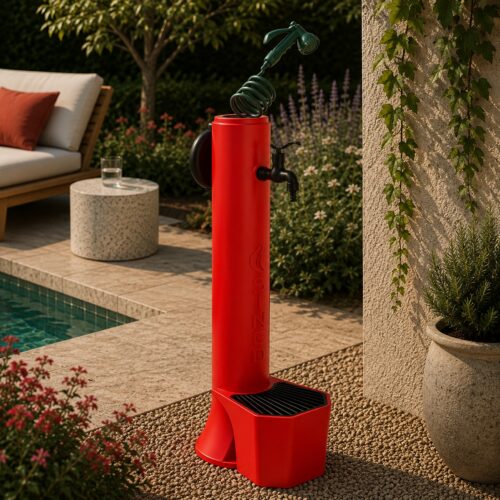 Fontaine de jardin rouge en PEHD double raccord panier et tuyau de 75 m