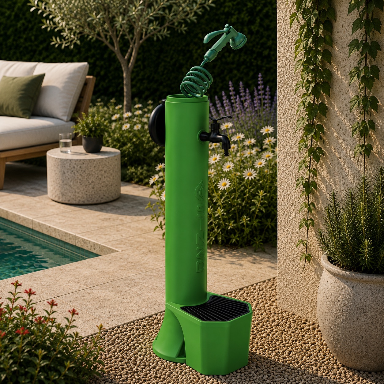 Fontaine de jardin verte en polyethylene HD double raccord et tuyau 75 m