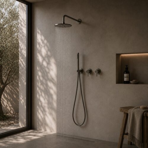 Kit douche encastre mural acier inox 316L canna fucile pomme 25 cm
