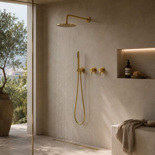 Kit douche encastrable mural 25 cm or rose acier inox 316L complet