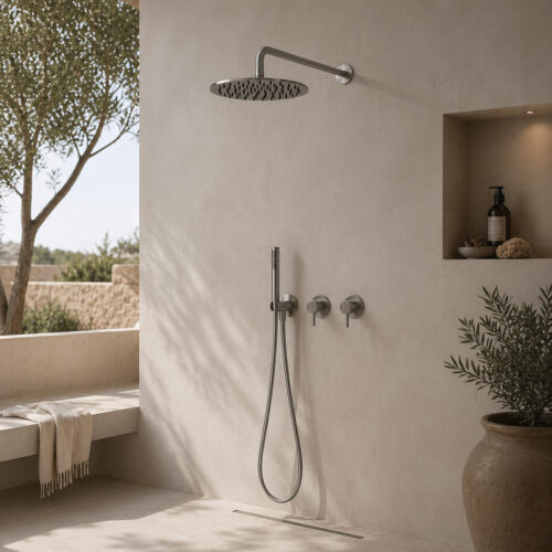 Kit de douche encastre mural inox 316L avec pomme 30 cm mitigeur inverseur douchette
