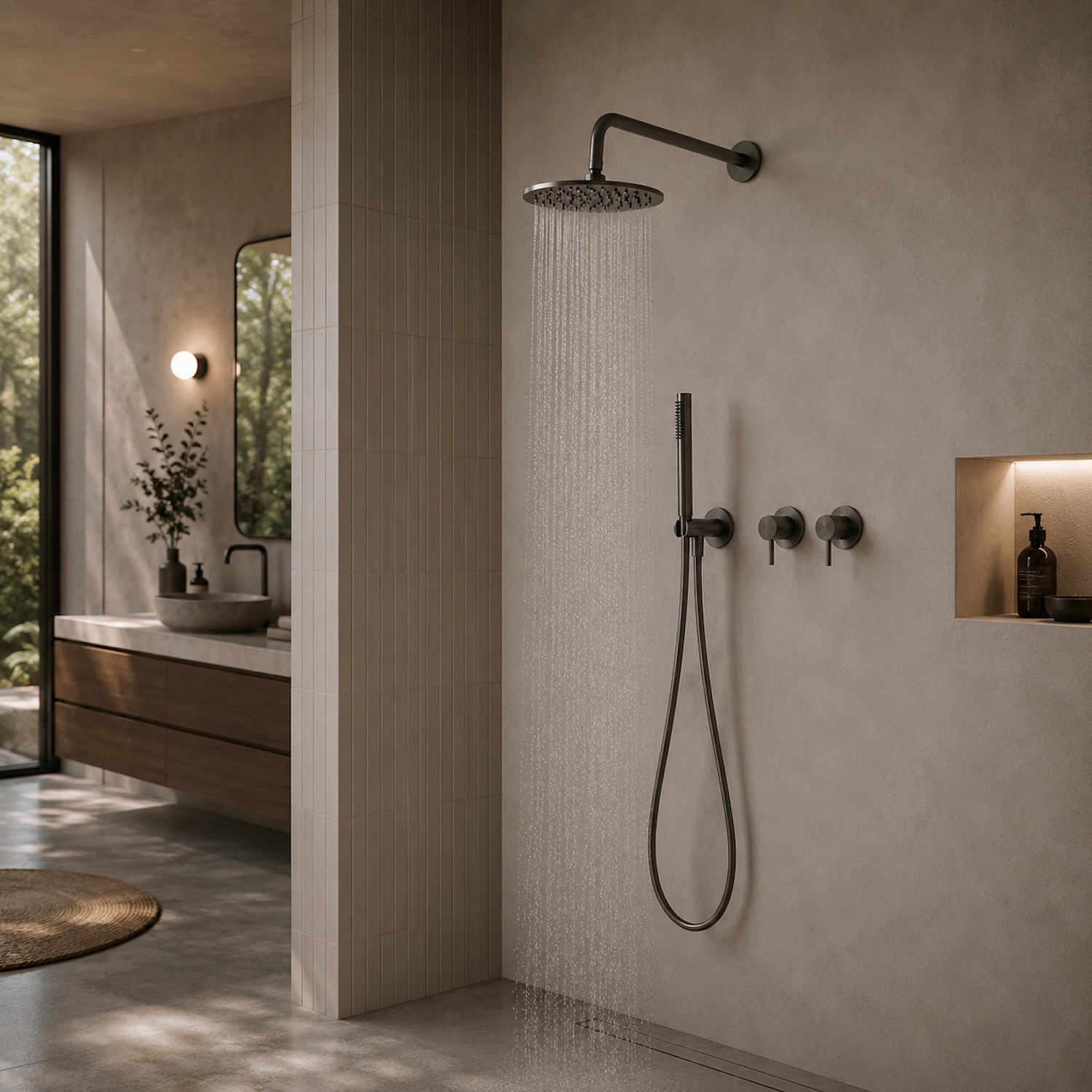 Kit encastre de douche murale eau froide 25 cm gun metal inox 316L