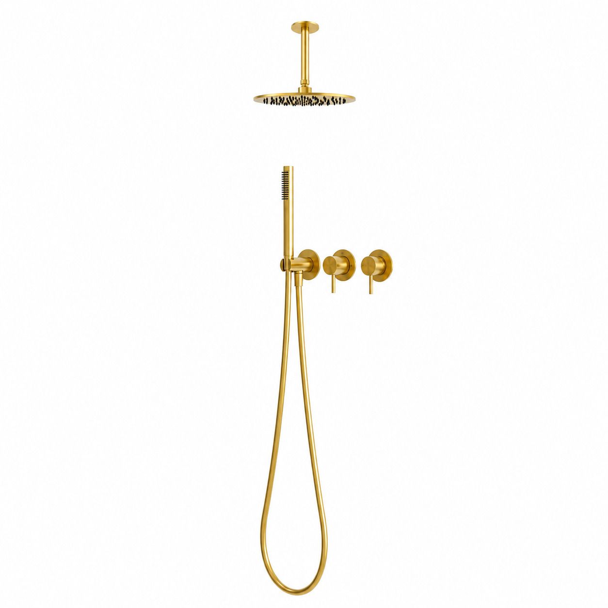 Kit douche encastre mural 25 cm or acier inox 316L pomme courte eau froide