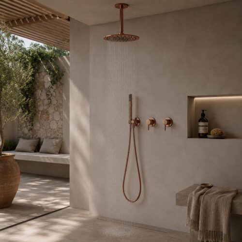 Kit douche plafond 30 cm eau froide acier inox 316L or rose