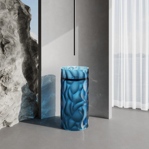 Lavabo autoportant bleu en resine transparente 90x45 cm pour interieur et exterieur