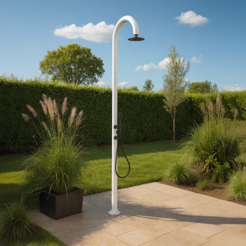 Douche en aluminium blanc avec douchette et mitigeur chaudfroid