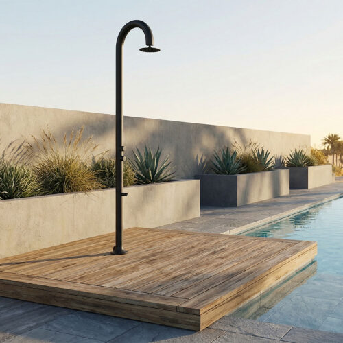 Douche noire en aluminium avec minuterie lavage pieds double entree eau