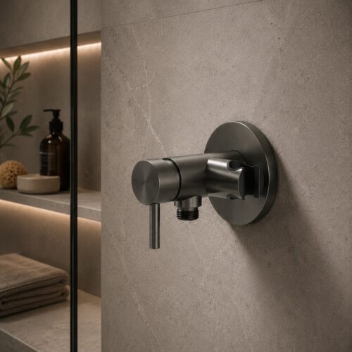 Mitigeur mural inox 316L finition Canna Fucile avec support pour douchette usage interieur et exter