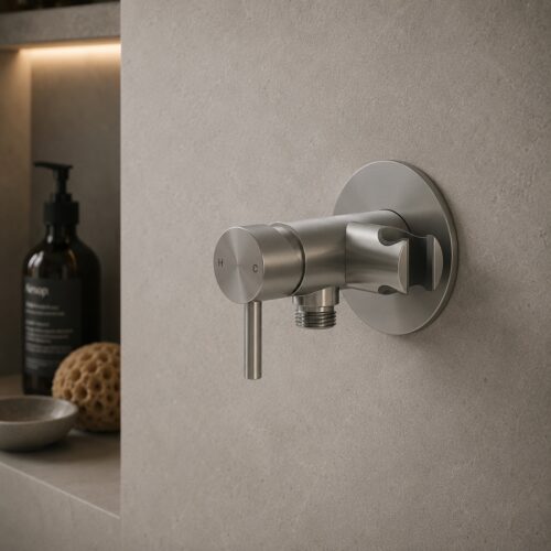 Mitigeur mural en inox satinee 316L avec support pour douchette pour salle de bain