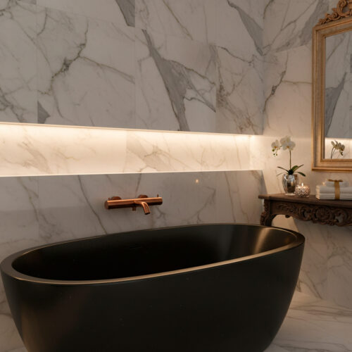 Mitigeur mural en acier inox 316L finition PVD or rose pour douche et baignoire