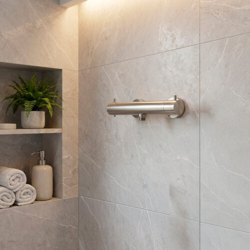 Mitigeur mural thermosta tique en inox satine 316L etanche pour douches exterieures