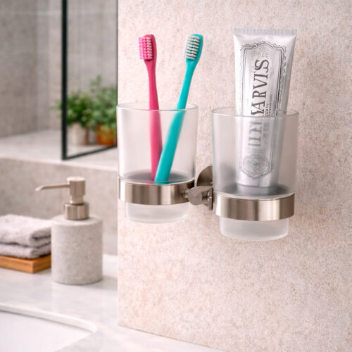 Portebrosses double salle de bain inox finition PVD or rose acier
