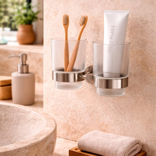 Double porteverre en acier inoxydable satine resistant a la corrosion