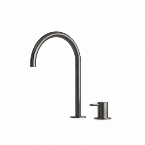 Mitigeur lavabo 2 trous bec haut courbe inox 316L gris canon de fusil