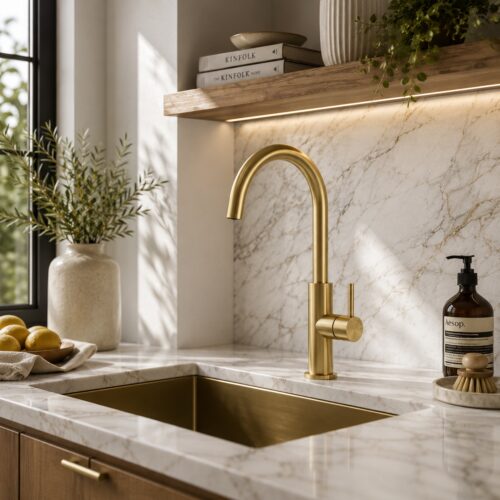 Robinet de cuisine haut en acier inox 316L finition or resistant et durable