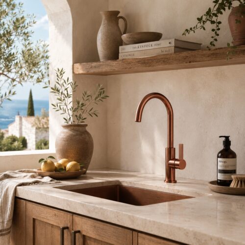 Robinet cuisine interieurexterieur acier inox 316L or rose finition satinee