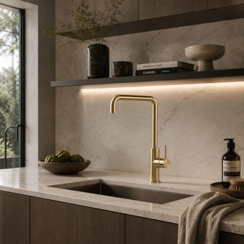 Robinet de cuisine en acier inox 316L finition or resistant a la corrosion